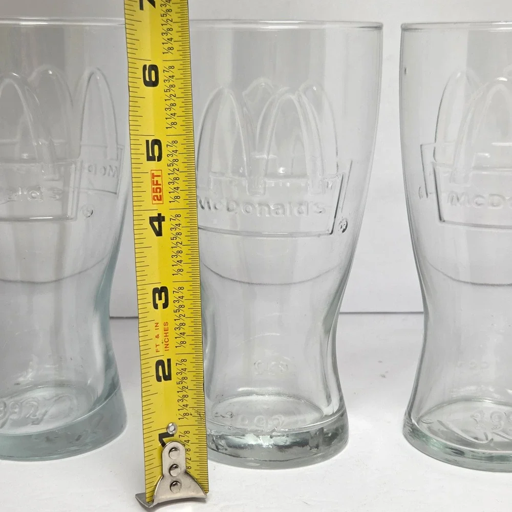 Vintage 1992 McDonalds Embossed Glass Tumblers Set of 3 Clear Golden Arches 6in
